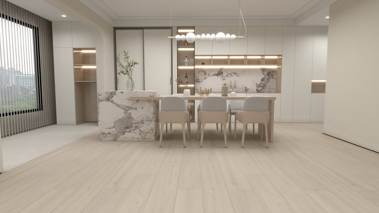 AQ504 3 luxury vinyl plank flooring modern dining room aquapromax driftwood